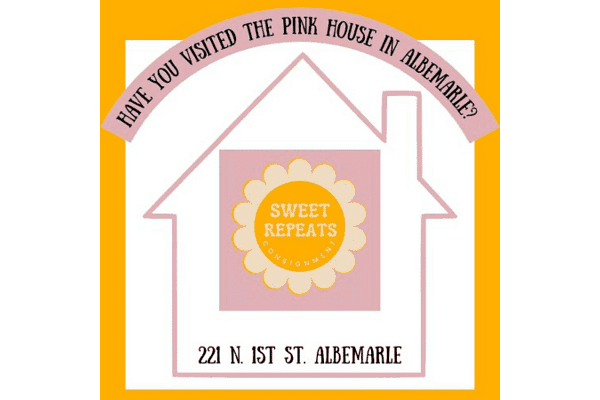 Design of a pink house promoting "Sweet Repeats" at 221 N. 1st St. Albemarle.